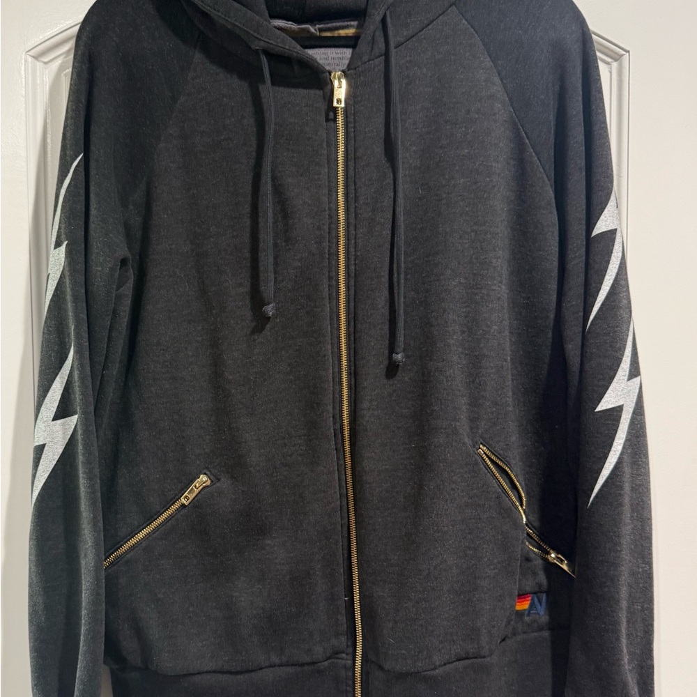 Aviator Nation Charcoal Hoodie with Silver Lightning